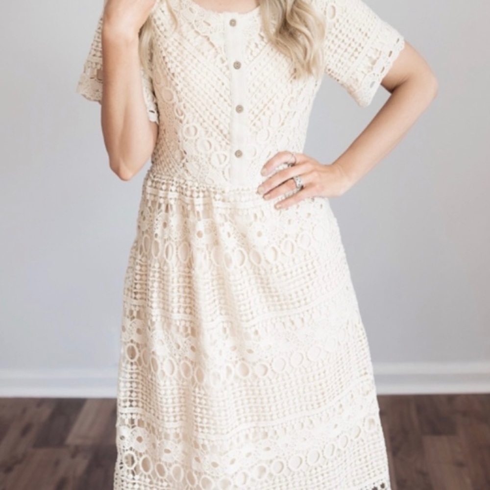 Polagram Crochet Cream Lace Midi Dress M - Picture 4 of 16